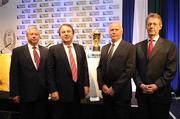 28 July 2009; English RFU representatives, from left, Paul Vaughan, Commercial Director, Francis Baron, Chief Executive, Terry Burwell, Tournaments and Competitions Director, and Nick Eastwood, Finance Director, with the Rugby World Cup trophy at the announcment of the Rugby World Cup host nations for 2015 and 2019 Rugby World Cups. Burlington Hotel, Dublin. Picture credit: Brendan Moran / SPORTSFILE