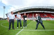 30 July 2009; Republic of Ireland manager Giovanni Trapattoni displays his rugby skills to rugby stars, past and present, Peter Clohessy, Shaun Payne and Paul Warwick after the squad announcement ahead of their upcoming friendly international against Australia on August 12th. Thomond Park, Limerick. Picture credit: Kieran Clancy / SPORTSFILE