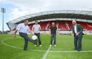 30 July 2009; Republic of Ireland manager Giovanni Trapattoni has a kick about with with rugby stars, past and present, Peter Clohessy, Shaun Payne and Paul Warwick after the squad announcement ahead of their upcoming friendly international against Australia on August 12th. Thomond Park, Limerick. Picture credit: Kieran Clancy / SPORTSFILE