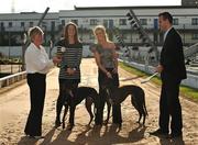 28 July 2009; President of the Camogie Association Joan O'Flynn, Jonathan Dever, Leinster Sales Executive, Irish Greyhound Board, Eimear Brannigan, Dublin, left, and Mary Leacey, Wexford, right, with Stoney Black at the launch of the Camogie Association’s benefit night which will be held in Shelbourne Park on the eve of the All Ireland hurling final on September 5th. Shelbourne Park Greyhound Stadium, Dublin. Picture credit: Pat Murphy / SPORTSFILE