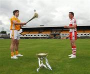 28 July 2009; Antrim captain Cormac Donnelly, left, and Derry captain Oisin McCloskey came face to face in Casement Park today ahead of the Bord Gais Energy GAA Hurling U-21 Ulster Final clash which takes place there on Wednesday evening, throw-in 7.30pm. Casement Park, Belfast, Co. Antrim. Picture credit: Oliver McVeigh / SPORTSFILE