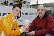 29 July 2009; Stiofain MacDhaibhead, Bord Gais Energy, right, presents the Bord Gais Energy Man of the Match award to CJ McGourty, Antrim. Bord Gais Energy GAA Ulster U21 Hurling Championship Final, Antrim v Derry, Casement Park, Belfast, Co. Antrim. Picture credit: Oliver McVeigh / SPORTSFILE