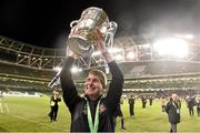 8 November 2015; Dundalk FC manager Stephen Kenny lifts the cup after the game. Irish Daily Mail Cup Final, Dundalk FC v Cork City FC. Aviva Stadium, Lansdowne Road, Dublin. Picture credit: David Maher / SPORTSFILE
