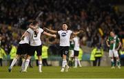 8 November 2015; Dundalk goalscorer Richie Towell, right, celebrates with team-mates Chris Shields, left, and Brian Gartland at the end of the game. Irish Daily Mail Cup Final, Dundalk FC v Cork City FC. Aviva Stadium, Lansdowne Road, Dublin. Photo by Sportsfile