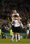 8 November 2015; Dundalk goalscorer Richie Towell celebrates with team-mates Chris Shields, left, and Brian Gartland, right, at the end of the game. Irish Daily Mail Cup Final, Dundalk FC v Cork City FC. Aviva Stadium, Lansdowne Road, Dublin. Photo by Sportsfile