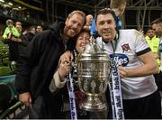 8 November 2015; Brian Gartland, Dundalk FC, celebrates with his mother Carmel and brother Leo after the game. Irish Daily Mail Cup Final, Dundalk FC v Cork City FC. Aviva Stadium, Lansdowne Road, Dublin. Photo by Sportsfile