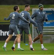 9 November 2015; Republic of Ireland 's Ciaran Clark, centre, with Harry Arter and Cyrus Christie, left, during squad training. Republic of Ireland Squad Training, National Sports Campus, Abbotstown, Co. Dublin. Picture credit: David Maher / SPORTSFILE