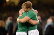 18 October 2015; Ireland team-mates and former Blackrock College students Ian Madigan, left, and Luke Fitzgerald encourage each other before the start of the game. 2015 Rugby World Cup Quarter-Final, Ireland v Argentina. Millennium Stadium, Cardiff, Wales. Picture credit: Brendan Moran / SPORTSFILE