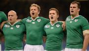 18 October 2015; Ireland players, from left, Richardt Strauss, Luke Fitzgerald, Paddy Jackson and Rhys Ruddock sing the national anthem ahead of the game. 2015 Rugby World Cup Quarter-Final, Ireland v Argentina. Millennium Stadium, Cardiff, Wales. Picture credit: Brendan Moran / SPORTSFILE