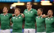 18 October 2015; Ireland players, from left, Tommy Bowe, Jordi Murphy, Devin Toner, Rob Kearney and Dave Kearney sing the national anthem ahead of the game. 2015 Rugby World Cup Quarter-Final, Ireland v Argentina. Millennium Stadium, Cardiff, Wales. Picture credit: Brendan Moran / SPORTSFILE