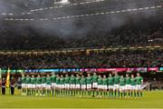 18 October 2015; The Ireland team stand for the national anthem ahead of the game. 2015 Rugby World Cup Quarter-Final, Ireland v Argentina. Millennium Stadium, Cardiff, Wales. Picture credit: Brendan Moran / SPORTSFILE