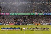17 October 2015; The teams stand for the national anthems ahead of the game. 2015 Rugby World Cup, Quarter-Final, New Zealand v France. Millennium Stadium, Cardiff, Wales. Picture credit: Brendan Moran / SPORTSFILE