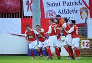 30 July 2009; Declan O'Brien, 23, St. Patrick’s Athletic, celebrates with team-mates after scoring his side's first goal against Krylya Sovetov. Europa League, 3rd Round Qualifier, 1st leg, St. Patrick’s Athletic v Krylya Sovetov, Richmond Park, Dublin. Picture credit: Matt Browne / SPORTSFILE