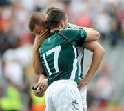 2 August 2009; Kildare players Daryl Flynn and Andrew McLaughlin, 17, comfort each other after the final whistle. GAA Football All-Ireland Senior Championship Quarter-Final, Tyrone v Kildare, Croke Park, Dublin. Picture credit: Oliver McVeigh / SPORTSFILE