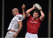 30 October 2015; Donnacha Ryan, Munster, takes possession in a lineout ahead of Lewis Stevenson, Ulster. Guinness PRO12, Round 6, Munster v Ulster, Thomond Park, Limerick. Picture credit: Stephen McCarthy / SPORTSFILE