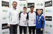 13 November 2015; Stephen Martin, Chief Executive, Olympic Council of Ireland, with the Men's Junior 3 metre medalists, from left, 2nd place Noah Williams, Dive London, 1st place Kyle Kothari, Dive London, and 3rd place Tyler Humphreys, Southend Diving. Irish Open Diving Championships, Day 1, National Aquatics Centre, Blanchardstown, Dublin 15. Photo by Sportsfile