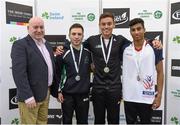 13 November 2015; Kevin Kilty, Chef de Mission, Irish Olympic team, Rio 2016, with, from left, Senior Men's 3 metre medalists, 2nd place Oliver Dingley, Shamrock Diving Club, 1st place, Thomas Daley, Dive London, and 3rd place Jack Ffrench, Shamrock Diving Club . Irish Open Diving Championships, Day 1, National Aquatics Centre, Blanchardstown, Dublin 15. Photo by Sportsfile