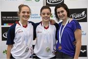 13 November 2015; Senior Women 1 metre medalists and Dive London club members, from left, 2nd place Georgia Ward, 1st place Francesca Del Celo, and 3rd place Emily Boyd. Irish Open Diving Championships, Day 1, National Aquatics Centre, Blanchardstown, Dublin 15. Photo by Sportsfile