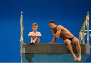 14 November 2015; Seven year old Ruben Forsythe, from Antrim Town, and who has the condition Cystic Fibrosis, as he prepares to dive with Tom Daley, Dive London. Irish Open Diving Championships Day 2. National Aquatics Centre, Blanchardstown, Dublin. Photo by Sportsfile