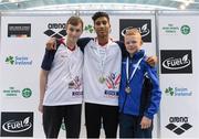 14 November 2015; Junior Men's Platform medalists, from left, 2nd place Noah Williams, Dive London, 1st place Kyle Kothari, Dive London, and 3rd place Tyler Humphreys, Southend Diving. Irish Open Diving Championships Day 2. National Aquatics Centre, Blanchardstown, Dublin. Photo by Sportsfile