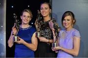 14 November 2015; Senior Players' Player of the Year, Briege Corkery, left, Cork, with Junior Players' Player of the Year Kate Flood, centre, Louth, and Intermediate Players' Player of the Year Aileen Wall, Waterford. 2015 LGFA TG4 Ladies Football Allstar Awards, CityWest Hotel, Saggart, Co. Dublin. Picture credit: Brendan Moran / SPORTSFILE