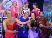 14 November 2015; Kerry All Star award winner Aislinn Desmond, front right, attempts to sneak into the Cork winners photo, with Cork players, clockwise, from left, Valerie Mulcahy, Very Foley, Rena Buckley, Marie Ambrose, Geraldine O'Flynn, and Briege Corkery. 2015 LGFA TG4 Ladies Football Allstar Awards, CityWest Hotel, Saggart, Co. Dublin. Picture credit: Brendan Moran / SPORTSFILE