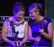 14 November 2015; Rena Buckley, left, and Briege Corkery, both Cork, with their All Star awards. 2015 LGFA TG4 Ladies Football Allstar Awards, CityWest Hotel, Saggart, Co. Dublin. Picture credit: Brendan Moran / SPORTSFILE