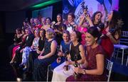 14 November 2015; The 2015 TG4 Ladies Football All Stars including back from 4th from right, Rena Buckley, Cork, Vera Foley, Cork, Sinead Finnegan, Dublin, Sinead Goldrick, Dublin, and front, 3rd from right, Briege Corkery, Cork, Geraldine O'Flynn, Cork and Aislinn Desmond, Kerry, celebrate with their All Star awards. 2015 LGFA TG4 Ladies Football Allstar Awards, CityWest Hotel, Saggart, Co. Dublin. Picture credit: Ray McManus / SPORTSFILE
