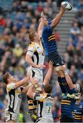 15 November 2015; Hayden Triggs, Leinster, wins possession in a lineout ahead of Bradley Davies, Wasps. European Rugby Champions Cup, Pool 5, Round 1, Leinster v Wasps. RDS, Ballsbridge, Dublin. Picture credit:Brendan Moran / SPORTSFILE