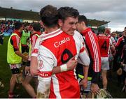 15 November 2015; Cuala's Darragh O'Connell, 9, and Sean Moran celebrate after the game. AIB Leinster GAA Senior Club Hurling Championship, Semi-Final, Cuala v Clara. Parnell Park, Dublin. Picture credit: Ray McManus / SPORTSFILE