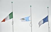 15 November 2015; Ireland, Na Piarsaigh, and Thurles Sarsfields flags fly at half mast as a mark of respect to the late Lieutenant Colonel Jack Griffin, former Thurles Sarsfields selector, and for the victims of the recent terror attacks in Paris, France. AIB Munster GAA Senior Club Hurling Championship, Semi-Final, Na Piarsaigh v Thurles Sarsfields. Gaelic Grounds, Limerick. Picture credit: Diarmuid Greene / SPORTSFILE