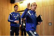 15 November 2015; Bosnia and Herzegovina head coach Mehmed Bazdarevic with Asmir Begovic, arriving for a press conference. Aviva Stadium, Lansdowne Road, Dublin. Picture credit: David Maher / SPORTSFILE