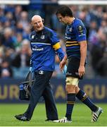 15 November 2015; Leinster's Mike McCarthy leaves the field with an injury, accompanied by team doctor Dr. Jim McShane. European Rugby Champions Cup, Pool 5, Round 1, Leinster v Wasps. RDS, Ballsbridge, Dublin. Picture credit: Ramsey Cardy / SPORTSFILE