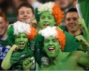 16 November 2015; Republic of Ireland supporters, from left, Clayton, aged 9, Sean, aged 12, and Shane Peppard, all from Clondalkin, Co. Dublin. UEFA EURO 2016 Championship Qualifier, Play-off, 2nd Leg, Republic of Ireland v Bosnia and Herzegovina. Aviva Stadium, Lansdowne Road, Dublin. Photo by Sportsfile