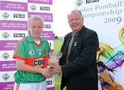 8 August 2009; Emma Mullin, Mayo, is presented with the Player of the Match by Pat Quill, President of Cumann Peil Gael na mBan. TG4 All-Ireland Ladies Football Senior Championship Qualifier Round 2, Mayo v Laois, Pearse Park, Longford. Picture credit: Brendan Moran / SPORTSFILE