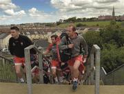 7 June 2015;    Climb any mountain. Eoin Bradley and Seán Leo McGoldrick ascend the Celtic Park steps ahead of a successful Ulster outing against Down.    Picture credit: Oliver McVeigh / SPORTSFILE    This image may be reproduced free of charge when used in conjunction with a review of the book &quot;A Season of Sundays 2015&quot;. All other usage © SPORTSFILE