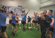 20 September 2015;    The shackles are off. Wonderful, chaotic scenes in the Dublin dressing room as the players let their hair down after a year of outstanding achievement - and sacrafice.    Picture credit: Ray McManus / SPORTSFILE    This image may be reproduced free of charge when used in conjunction with a review of the book &quot;A Season of Sundays 2015&quot;. All other usage © SPORTSFILE