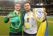 16 November 2015; Republic of Ireland supporter Harry Connolly, exchanges pennants with Bosnia and Herzegovina supporters Felix Ziegler. Republic of Ireland and Bosnia Herzegovina Fan Pennant Exchange at UEFA EURO 2016 Championship Qualifier, Play-off, 2nd Leg, Republic of Ireland v Bosnia and Herzegovina. Aviva Stadium, Lansdowne Road, Dublin. Picture credit: Seb Daly / SPORTSFILE