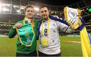 16 November 2015; Republic of Ireland supporter Harry Connolly, exchanges pennants with Bosnia and Herzegovina supporters Felix Ziegler. Republic of Ireland and Bosnia Herzegovina Fan Pennant Exchange at UEFA EURO 2016 Championship Qualifier, Play-off, 2nd Leg, Republic of Ireland v Bosnia and Herzegovina. Aviva Stadium, Lansdowne Road, Dublin. Picture credit: Seb Daly / SPORTSFILE