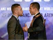 18 November 2015; Carl Frampton, left, IBF Champion, and Scott Quigg, WBA Champion, exchange words during an IBF and WBA World Super Bantamweight unification clash press conference. Europa Hotel, Belfast, Co. Antrim. Picture credit: Oliver McVeigh / SPORTSFILE