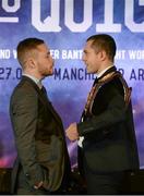 18 November 2015; Carl Frampton, left, IBF Champion, and Scott Quigg, WBA Champion, exchange words during an IBF and WBA World Super Bantamweight unification clash press conference. Europa Hotel, Belfast, Co. Antrim. Picture credit: Oliver McVeigh / SPORTSFILE