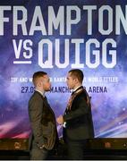 18 November 2015; Carl Frampton, left, IBF Champion, and Scott Quigg, WBA Champion, exchange words during an IBF and WBA World Super Bantamweight unification clash press conference. Europa Hotel, Belfast, Co. Antrim. Picture credit: Oliver McVeigh / SPORTSFILE