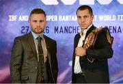 18 November 2015; Carl Frampton, left, IBF Champion, and Scott Quigg, WBA Champion, during an IBF and WBA World Super Bantamweight unification clash press conference. Europa Hotel, Belfast, Co. Antrim. Picture credit: Oliver McVeigh / SPORTSFILE