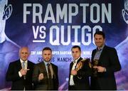 18 November 2015; Carl Frampton, IBF Champion, and Scott Quigg, WBA Champion, with with their promoters Barry McGuigan, left, and Eddie Hearn, right, during an IBF and WBA World Super Bantamweight unification clash press conference. Europa Hotel, Belfast, Co. Antrim. Picture credit: Oliver McVeigh / SPORTSFILE