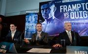 18 November 2015; Carl Frampton, IBF Champion, centre with Shane McGuigan, trainer, left, and promoter Barry McGuigan during an IBF and WBA World Super Bantamweight unification clash press conference. Europa Hotel, Belfast, Co. Antrim. Picture credit: Oliver McVeigh / SPORTSFILE