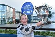 18 November2015; Lorna Brooke celebrates with the trophy after winning the Today FM Ladies Handicap Steeplechase on Moonlone Lane. Fairyhouse Racecourse, Fairyhouse, Co. Meath. Picture credit: Matt Browne / SPORTSFILE