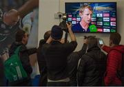 15 November 2015; Leinster head coach Leo Cullen speaks to memnbers of the media after the game. European Rugby Champions Cup, Pool 5, Round 1, Leinster v Wasps. RDS, Ballsbridge, Dublin. Picture credit: Brendan Moran / SPORTSFILE