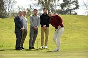 19 April 2016; Ireland rugby player Rob Kearney pitches onto the 18th green. Druids Glen CEO Edward Stephenson and ambassadors Fergus McFadden, Rob and Dave Kearney joined Jonathan Irwin from the Jack & Jill Foundation to launch the Jack & Jill Annual Golf Classic which will take place in Druids Glen Hotel & Golf Resort on Friday 13th May 2016. The classic is open to teams of four and the donation per team is €1,024, the equivalent of one month’s nursing care for one Jack & Jill baby. Team slots are filling up fast - if you wish to book a team, please contact the Jack & Jill office on 045 894538.  . Druids Glen Resort, Newtownmountkennedy, Co. Wicklow. Picture credit: Matt Browne / SPORTSFILE