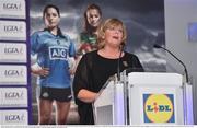 1 June 2016; Marie Hickey, President of Ladies Gaelic Football, speaks at the Lidl Ladies Teams of the League Award Night. The Lidl Teams of the League were presented at Croke Park with 60 players recognised for their performances throughout the 2016 Lidl National Football League Campaign. The 4 teams were selected by opposition managers who selected the best players in their position with the players receiving the most votes being selected in their position. Croke Park, Dublin. Photo by Cody Glenn/Sportsfile