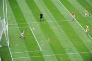 9 August 2009; Meath corner-forward Cian Ward beats Mayo goalkeeper Kenneth O'Malley to score the second Meath goal from the penalty spot. GAA Football All-Ireland Senior Championship Quarter-Final, Meath v Mayo, Croke Park, Dublin. Picture credit: Daire Brennan / SPORTSFILE